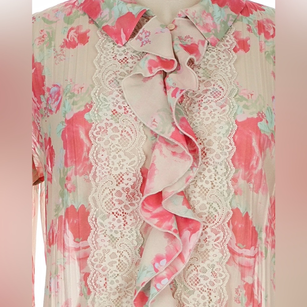 Free People Floral Ruffle Lace Blouse Ivory Pink Pleated Boho Romantic Top - Picture 3 of 9